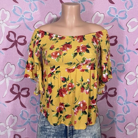 Ambiance Tops - ambiance size small mustard gold yellow off shoulder floral print summer blouse